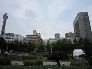 横浜 山下公園 バラ園 背後にHOTEL NEW GRANDがあります