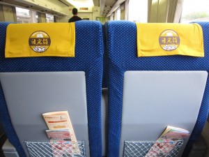 東武鬼怒川線 特急スペーシアきぬ 日光詣号 シート背面 枕カバーにもシンボルマークが描かれています 鬼怒川温泉駅にて撮影