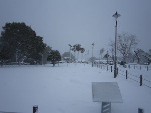 大雪の長崎市内 平和公園にて