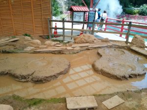 鉄輪温泉 地獄めぐり かまど地獄 かまど四丁目 茶色い粘土が噴出しています