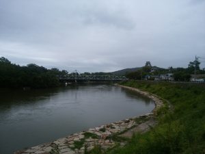 旭川から見える岡山城の天守閣 向かって左側が後楽園です