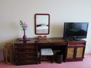 伊豆山温泉 うみのホテル中田屋 ツインルーム テレビとデスク 使い方としては化粧台かも