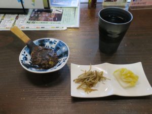焼き味噌 焼酎のそば湯割りとお通し 本格手打そば 槫木野にて