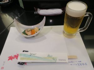 付きだしと生ビール 鳥銀本店にて