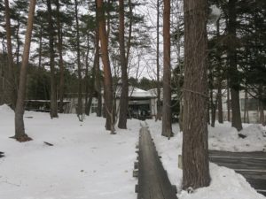 草津温泉 テルメテルメ 入り口 雪が積もっています