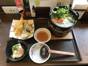 美明豚と湯葉の小鍋 天ぷらとおぼろ豆腐のセット つくば温泉 喜楽里別邸にて