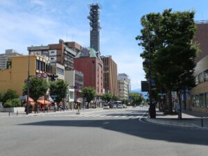 山梨県 甲府市 平和通り 県庁前交差点 八光地産ビルと山梨県防災別館が見えます