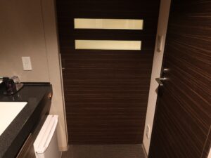 ドーミーイン鹿児島 ダブルルーム 室内手前 左が洗面台と冷蔵庫、右側がトイレとシャワールーム、奥が室内です