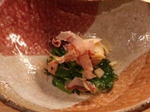 ホタルイカ、菜の花と筍のお浸し 西銀 ぼたんにて