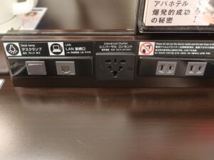 アパホテル 千葉駅前 スタンダードルーム 明かりのスイッチ、有線LANコネクタ、ACコンセントがあります